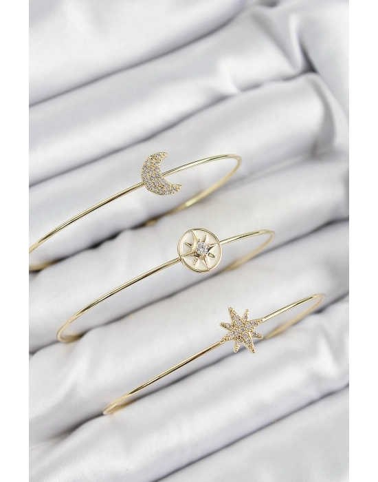 Pirinç Zirkon Taşlı Ay Ve Kutup Yıldızı Model Gold Renk Vip 3lü Kadın Bileklik - Bamido