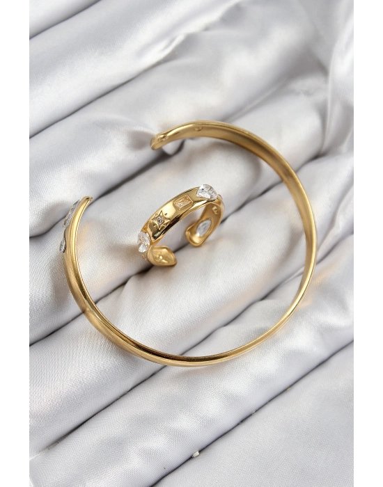 Pirinç Zirkon Taşlı Ayrık Model Gold Renk Bileklik Yüzük Set - Bamido