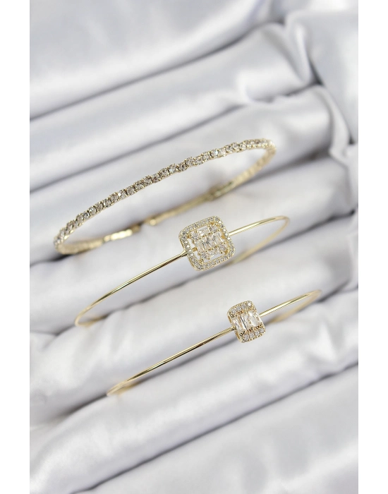 Pirinç Zirkon Taşlı Baget Model Gold Renk Vip 3lü Kadın Bileklik - Bamido