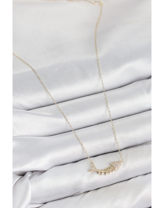 Pirinç Zirkon Taşlı Balık Kılçığı Model Gold Renk Kadın Kolye - Bamido