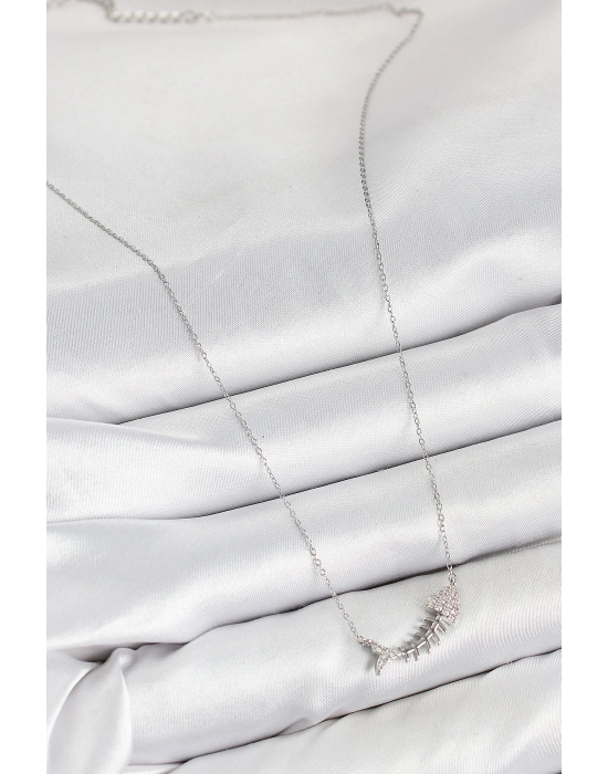 Pirinç Zirkon Taşlı Balık Kılçığı Model Gümüş Renk Kadın Kolye - Bamido