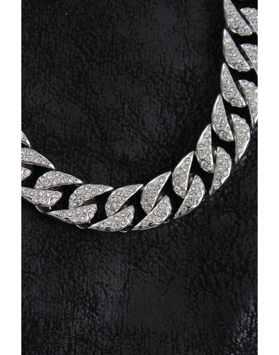 Pirinç Zirkon Taşlı Cuba Gurmet Model Gümüş Renk Erkek Kolye - Bamido