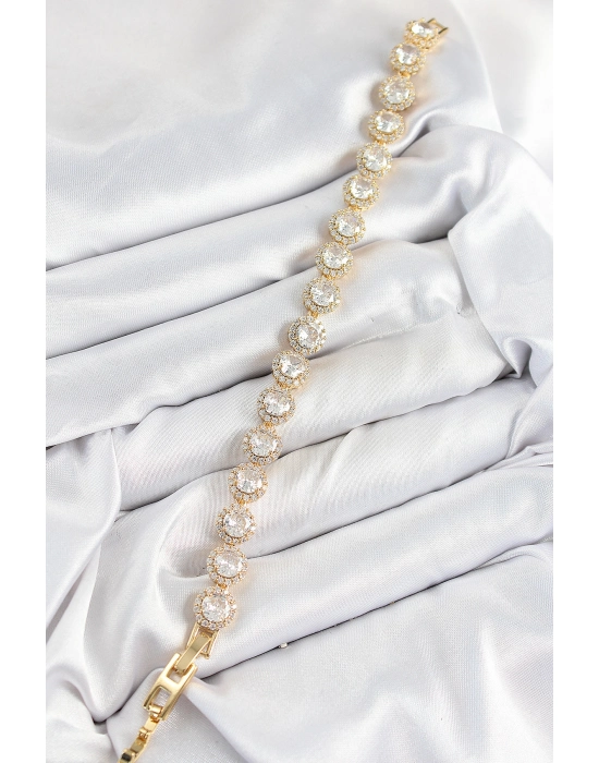 Pirinç Zirkon Taşlı Daire Baget Model Gold Renk Vıp Seri Kadın Bileklik - Bamido