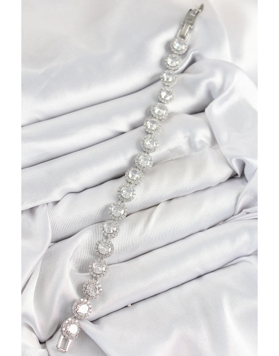 Pirinç Zirkon Taşlı Daire Baget Model Gümüş Renk Vıp Seri Kadın Bileklik - Bamido