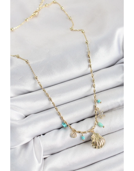 Pirinç Zirkon Taşlı Deniz Kabuğu Model Gold Renk Kadın Kolye - Bamido