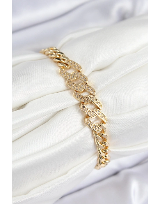 Pirinç Zirkon Taşlı Ezme Küba Zincir Model Gold Renk Kadın Bileklik - Bamido