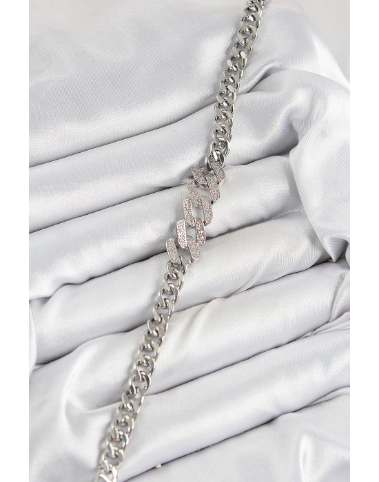 Pirinç Zirkon Taşlı Ezme Küba Zincir Model Gümüş Renk Kadın Bileklik - Bamido