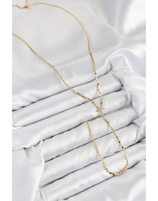 Pirinç Zirkon Taşlı Ezme Zincirli Deniz Yıldızı Model Gold Renk Y Kolye - Bamido