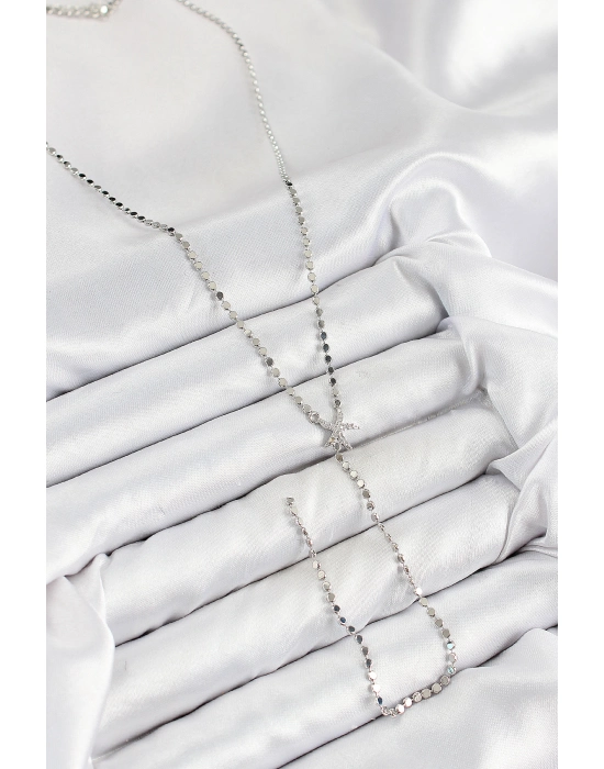 Pirinç Zirkon Taşlı Ezme Zincirli Deniz Yıldızı Model Gümüş Renk Y Kolye - Bamido