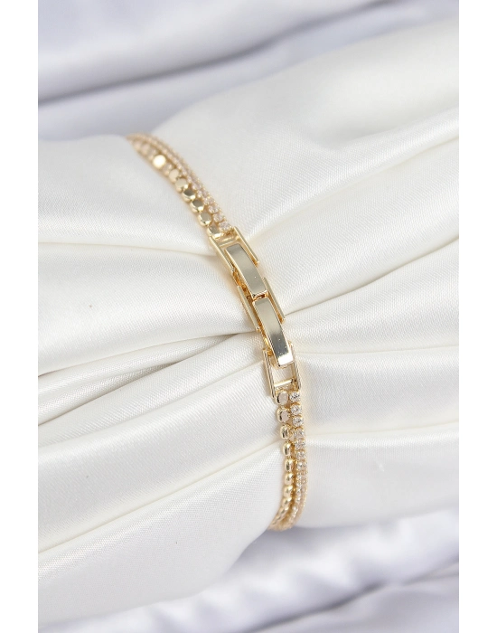 Pirinç Zirkon Taşlı Ezme Zincirli Kalp Model Gold Renk Kadın Bilekilk - Bamido