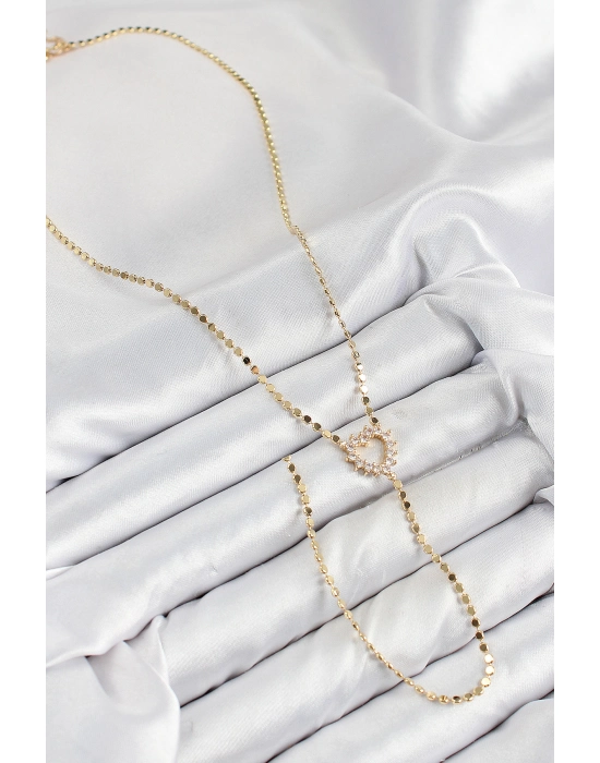 Pirinç Zirkon Taşlı Ezme Zincirli Kalp Model Gold Renk Y Kolye - Bamido