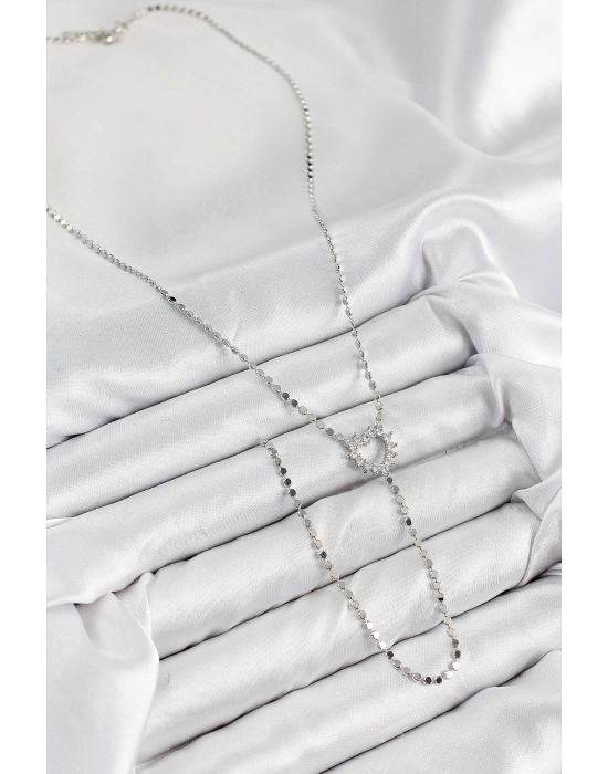 Pirinç Zirkon Taşlı Ezme Zincirli Kalp Model Gümüş Renk Y Kolye - Bamido