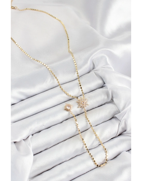 Pirinç Zirkon Taşlı Ezme Zincirli Kutup Yıldızı Model Gold Renk Y Kolye - Bamido