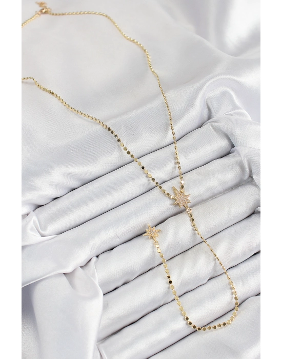 Pirinç Zirkon Taşlı Ezme Zincirli Kutup Yıldızı Model Gold Renk Y Kolye - Bamido