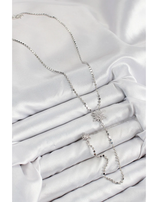 Pirinç Zirkon Taşlı Ezme Zincirli Kutup Yıldızı Model Gümüş Renk Y Kolye - Bamido