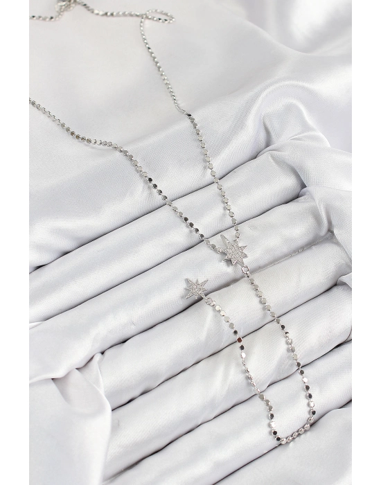 Pirinç Zirkon Taşlı Ezme Zincirli Kutup Yıldızı Model Gümüş Renk Y Kolye - Bamido