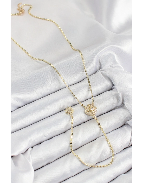 Pirinç Zirkon Taşlı Ezme Zincirli Madalyon Model Gold Renk Y Kolye - Bamido