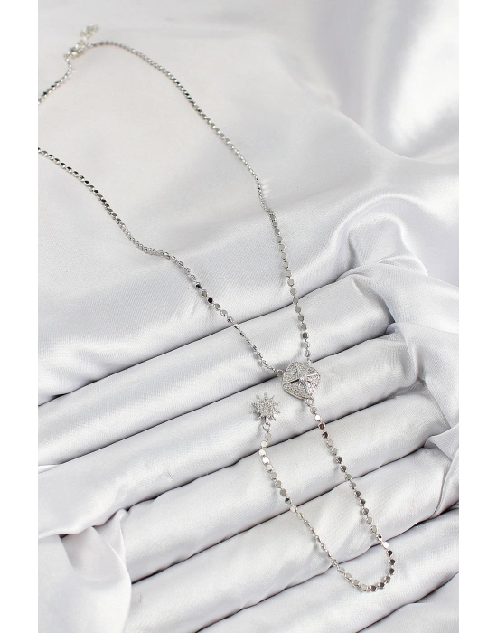 Pirinç Zirkon Taşlı Ezme Zincirli Madalyon Model Gümüş Renk Y Kolye - Bamido