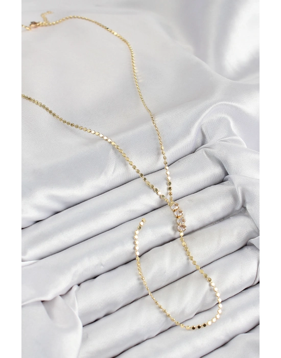 Pirinç Zirkon Taşlı Ezme Zincirli Model Gold Renk Y Kolye - Bamido