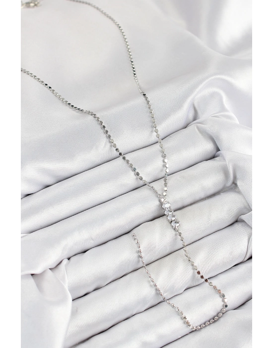 Pirinç Zirkon Taşlı Ezme Zincirli Model Gümüş Renk Y Kolye - Bamido