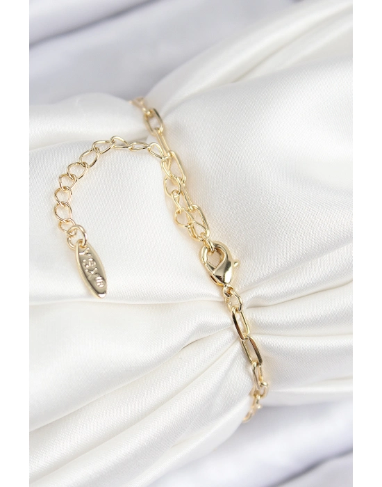 Pirinç Zirkon Taşlı İncili İstiridye Model Gold Renk Kadın Bileklik - Bamido