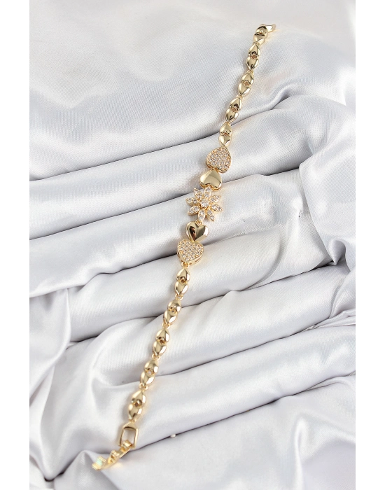 Pirinç Zirkon Taşlı Kalp Detaylı Çiçek Model Gold Renk Kadın Bileklik - Bamido