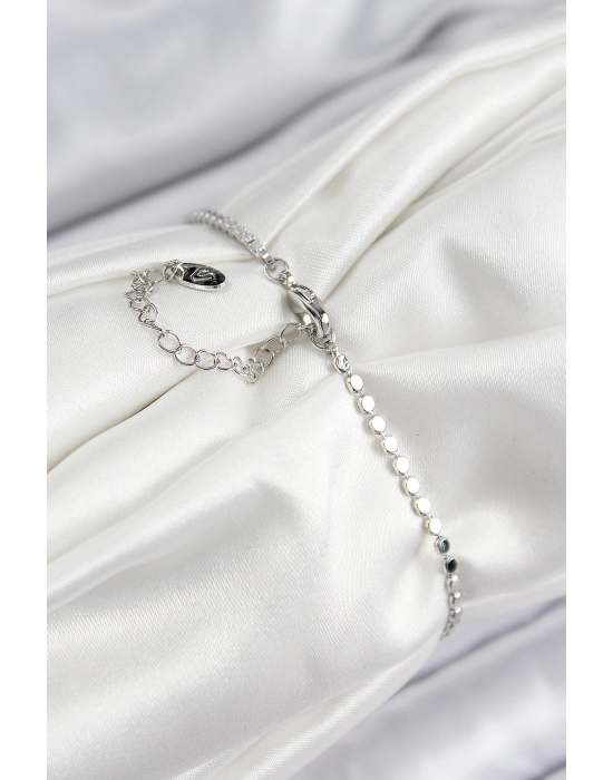 Pirinç Zirkon Taşlı Kalp Model Ezme Zincir Gümüş Renk Kadın Bileklik - Bamido