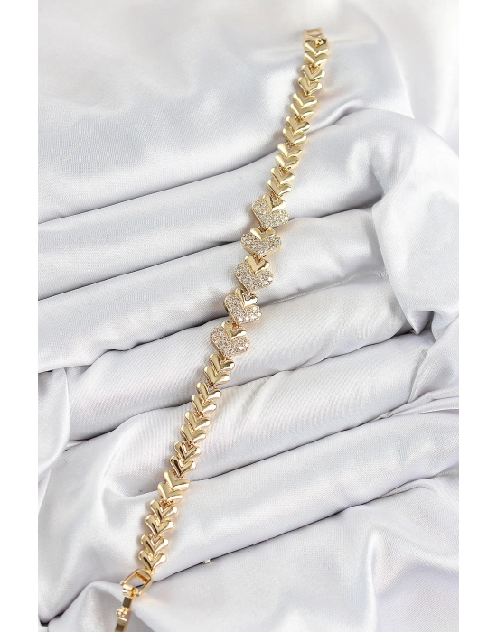 Pirinç Zirkon Taşlı Kalp Model Gold Renk Kadın Bileklik - Bamido