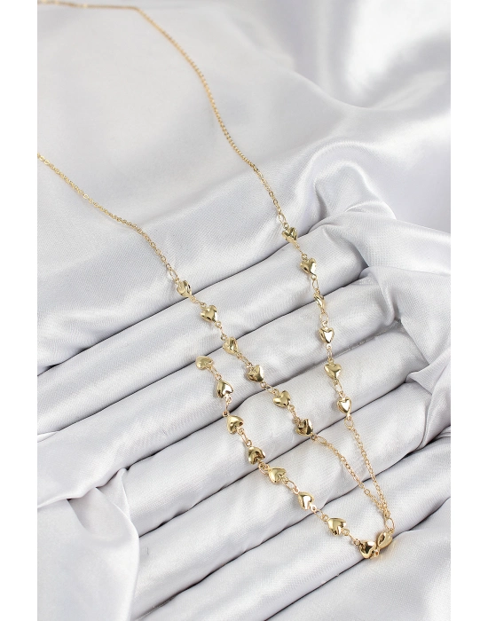 Pirinç Zirkon Taşlı Kalp Model Gold Renk Y Kolye - Bamido