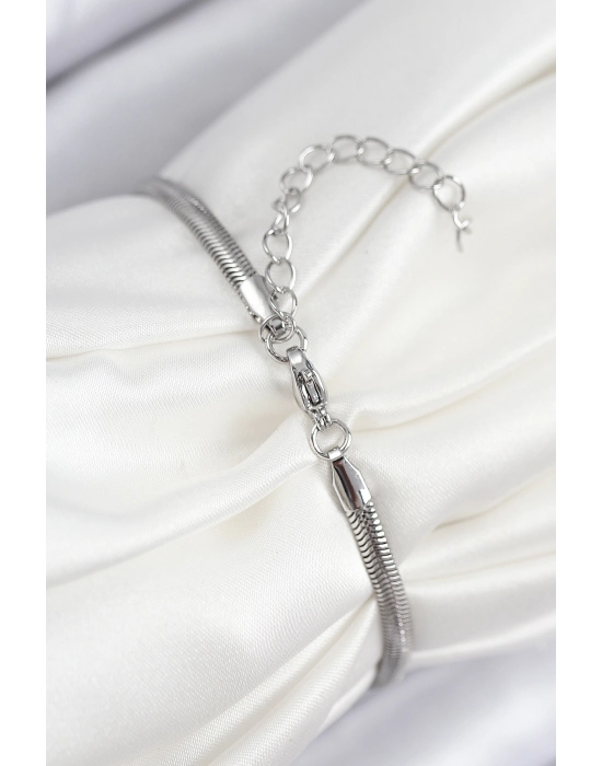 Pirinç Zirkon Taşlı Kalp Model Gümüş Renk Kadın Bileklik - Bamido