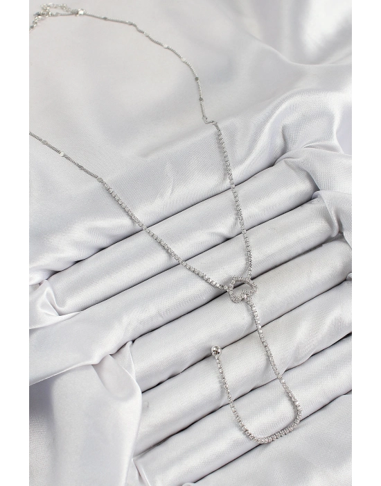 Pirinç Zirkon Taşlı Kalp Model Gümüş Renk  Y Kolye - Bamido