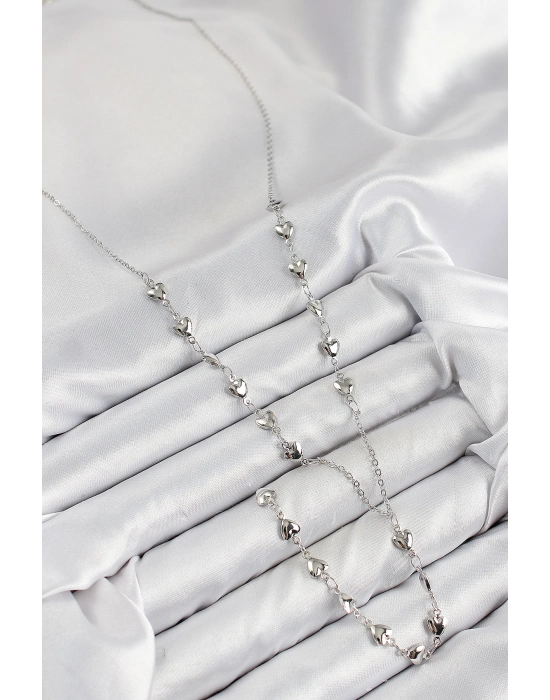 Pirinç Zirkon Taşlı Kalp Model Gümüş Renk Y Kolye - Bamido