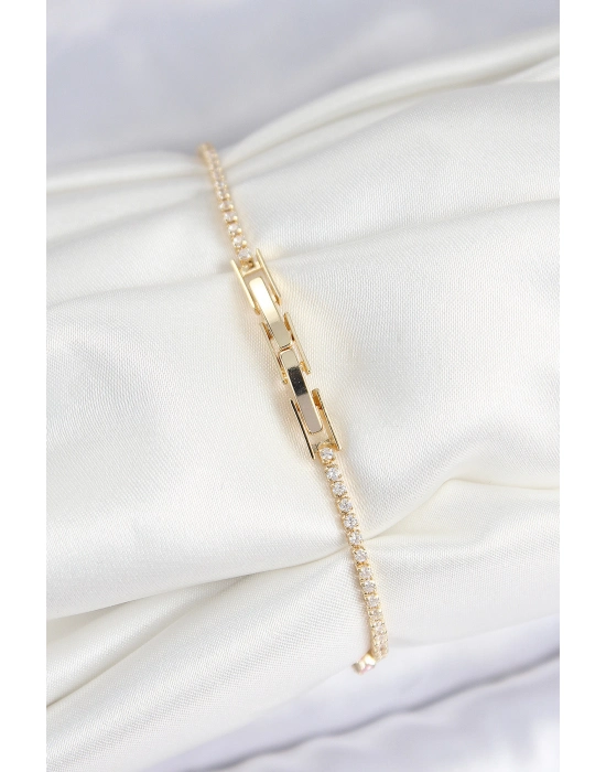 Pirinç Zirkon Taşlı Kare Model Gold Renk Kadın Bilekilk - Bamido