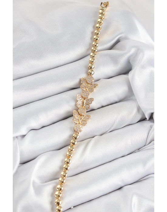 Pirinç Zirkon Taşlı Kelebek Model Gold Renk Kadın Bileklik - Bamido