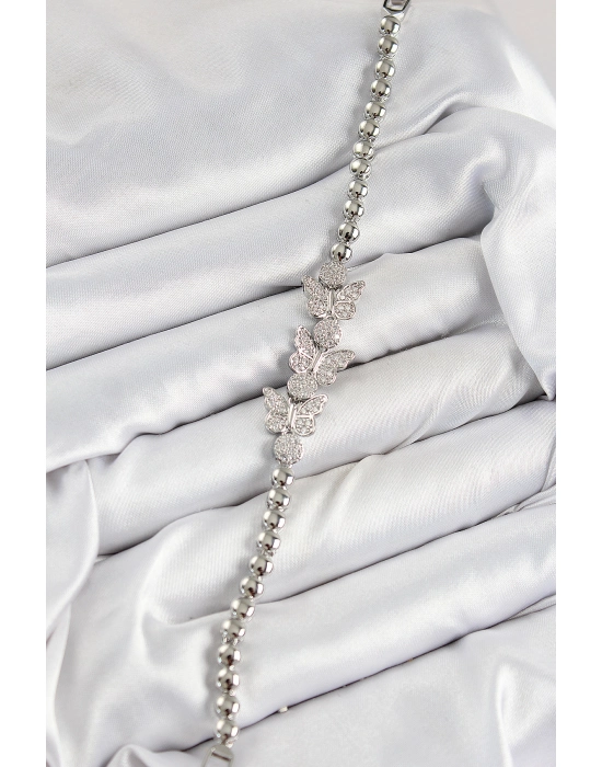 Pirinç Zirkon Taşlı Kelebek Model Gümüş Renk Kadın Bileklik - Bamido