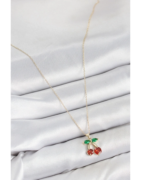 Pirinç Zirkon Taşlı Kiraz Model Gold Renk Kadın Kolye - Bamido