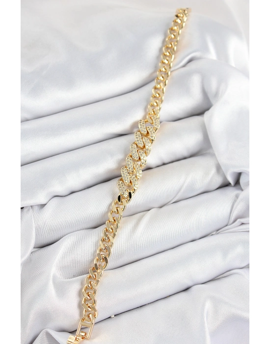 Pirinç Zirkon Taşlı Küba Zincir Model Gold Renk Kadın Bileklik - Bamido