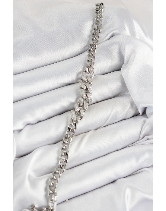 Pirinç Zirkon Taşlı Küba Zincir Model Gümüş Renk Kadın Bileklik - Bamido