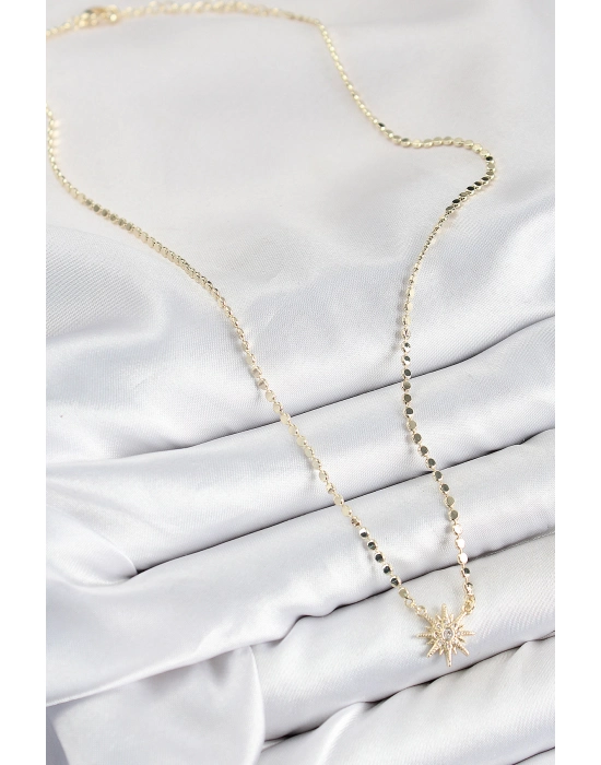 Pirinç Zirkon Taşlı Kutup Yıldızı Model Ezme Zincir Gold Renk Kadın Kolye - Bamido