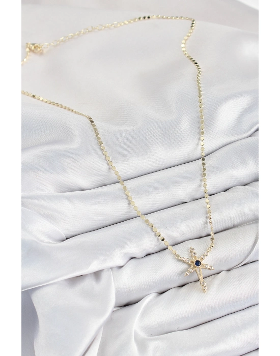 Pirinç Zirkon Taşlı Kutup Yıldızı Model Ezme Zincir Gold Renk Kadın Kolye - Bamido