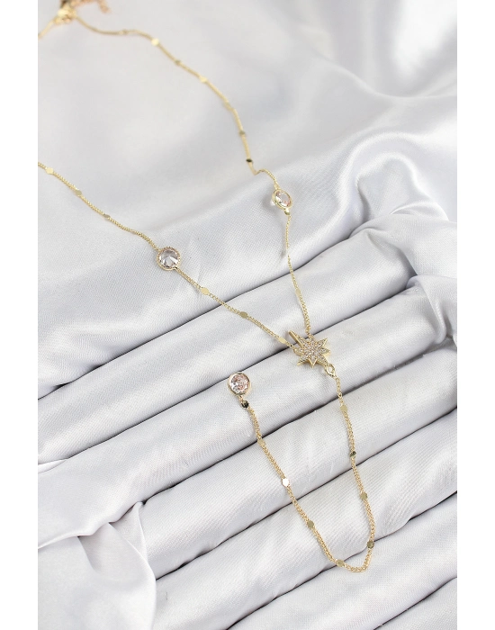 Pirinç Zirkon Taşlı Kutup Yıldızı Model Gold Renk Y Kolye - Bamido