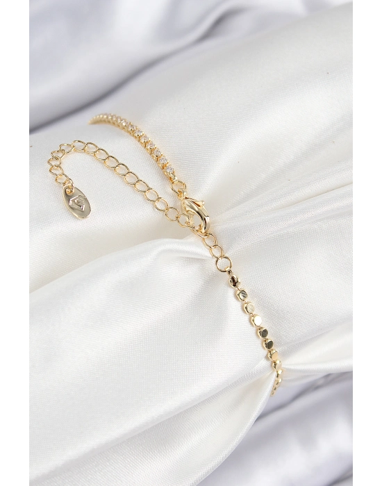 Pirinç Zirkon Taşlı Nazar Model Ezme Zincir Gold Renk Kadın Bileklik - Bamido