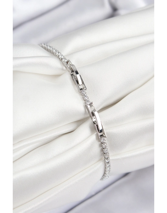 Pirinç Zirkon Taşlı Nazar Model Gümüş Renk Kadın Bileklik - Bamido