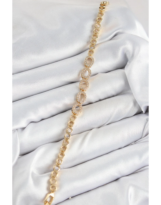 Pirinç Zirkon Taşlı Oval Model Gold Renk Kadın Bileklik - Bamido