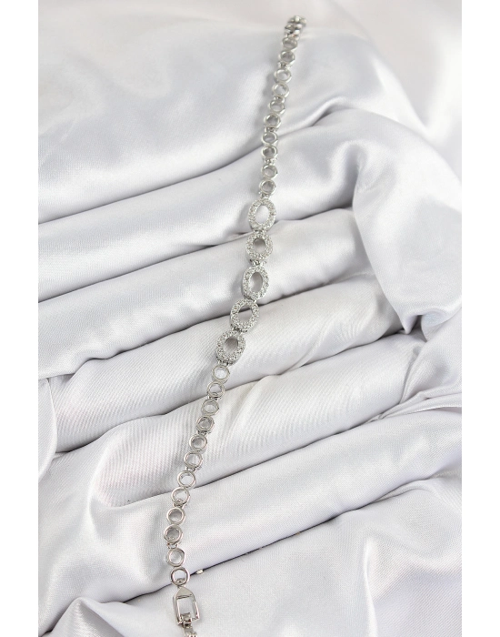 Pirinç Zirkon Taşlı Oval Model Gümüş Renk Kadın Bileklik - Bamido