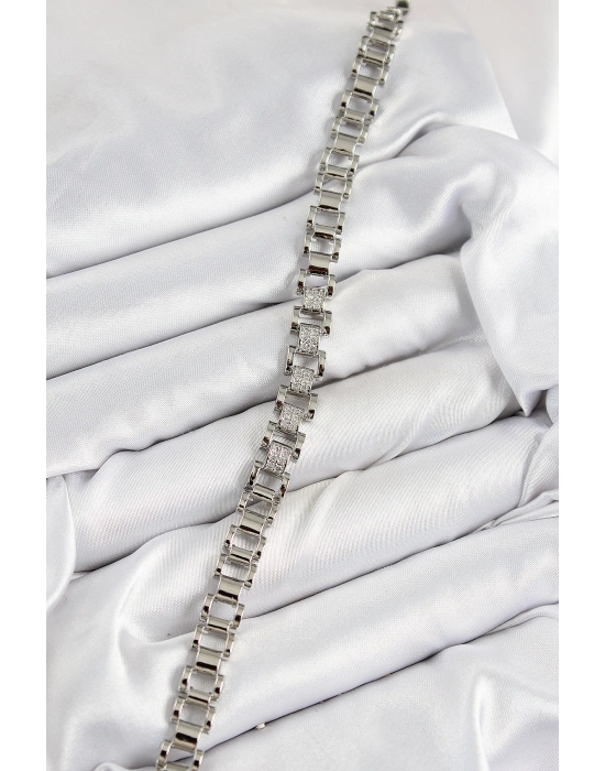 Pirinç Zirkon Taşlı Parçalı Model Gümüş Renk Kadın Bileklik - Bamido