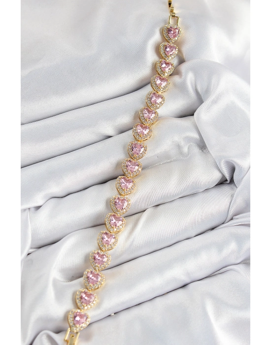 Pirinç Zirkon Taşlı Pembe Kalp Baget Model Gold Renk Vıp Seri Kadın Bileklik - Bamido