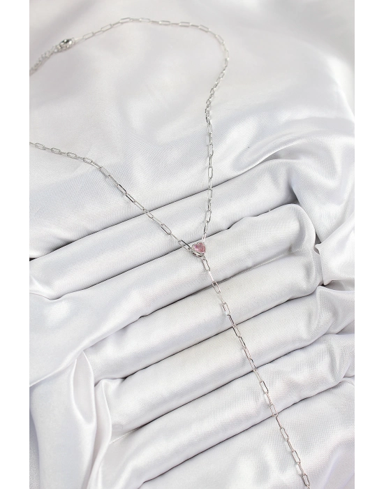 Pirinç Zirkon Taşlı Pembe Kalp Figürlü Y Model Gümüş Renk Kadın Kolye - Bamido