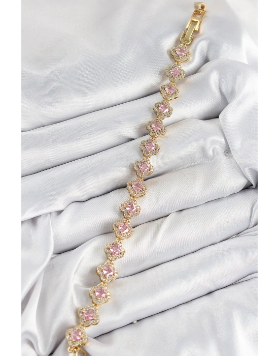 Pirinç Zirkon Taşlı Pembe Yonca Baget Model Gold Renk Vıp Seri Kadın Bileklik - Bamido