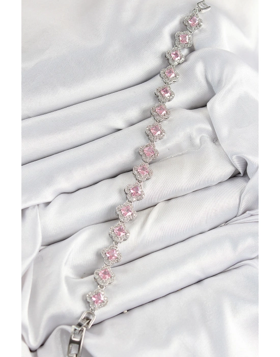 Pirinç Zirkon Taşlı Pembe Yonca Baget Model Gümüş Renk Vıp Seri Kadın Bileklik - Bamido